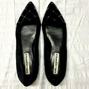 Karl Lagerfeld black suede flats. Dressy yet edgy flat shoe. Pointed toe.